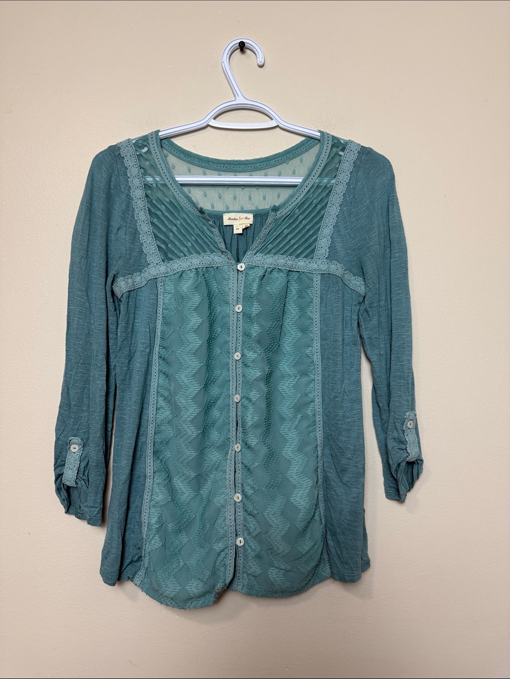 Anthropologie  Meadow Rue Boho Teal Lace-Trim Button-Down Blouse size XS
